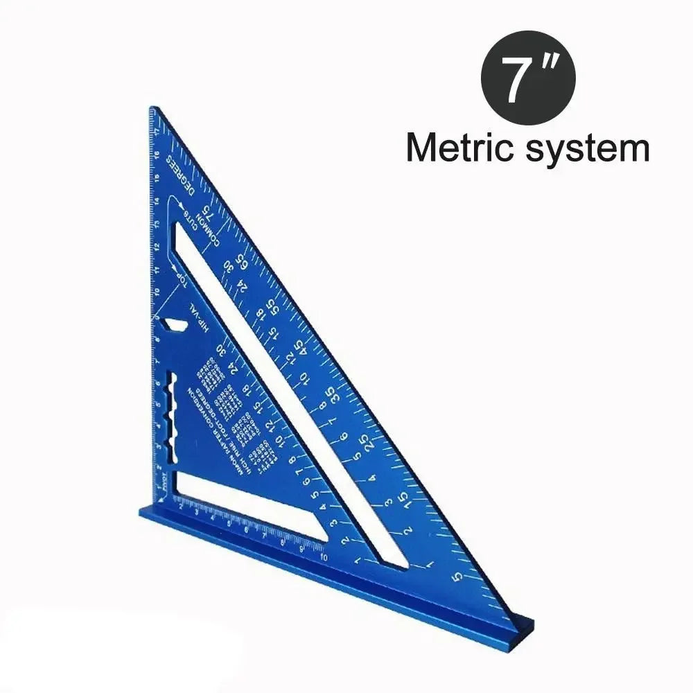 A blue precision triangle square ruler used for measuring and marking in woodworking, labeled as a metric system tool.
