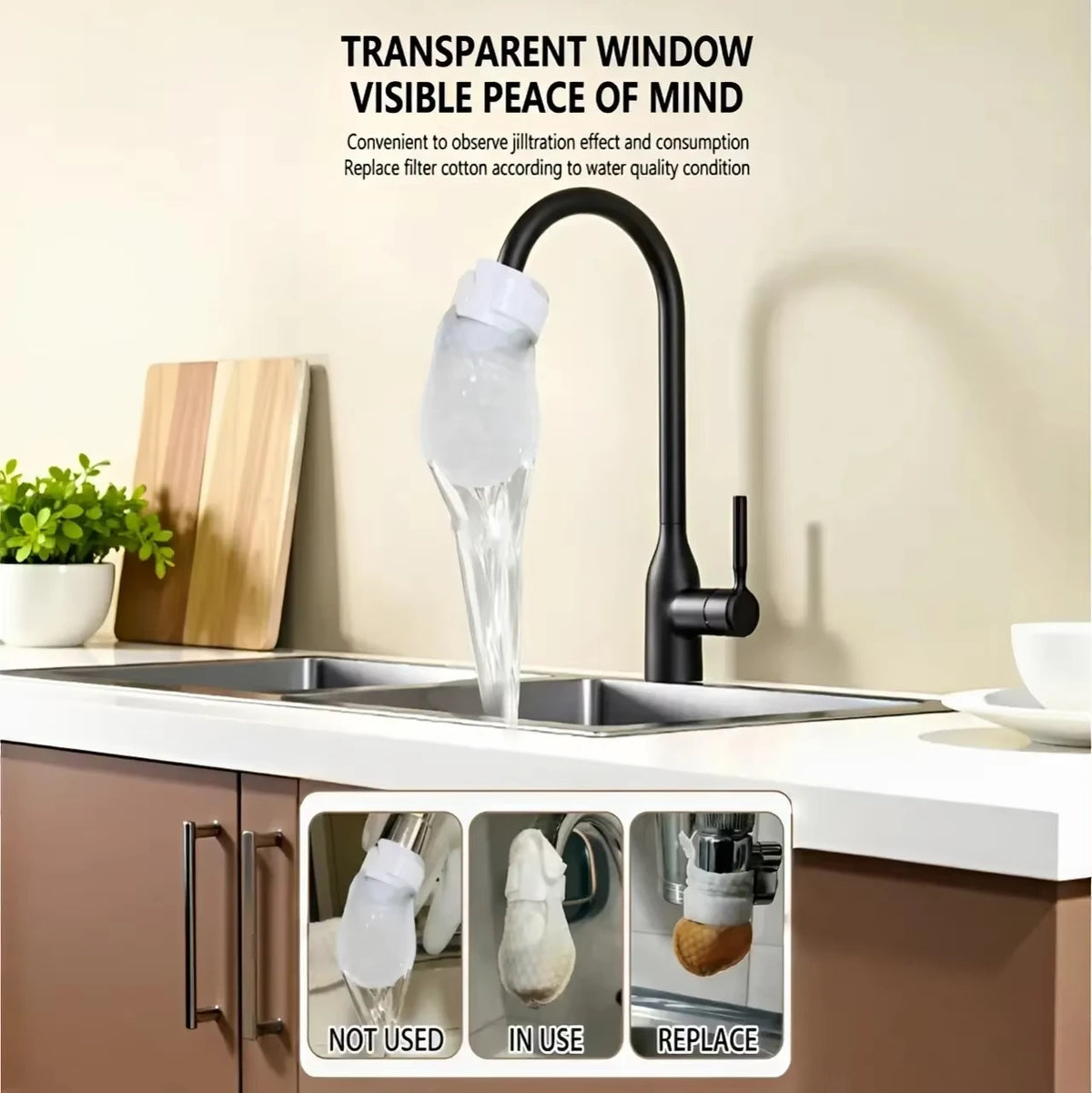 A black faucet with a transparent window filter sleeve for water purification is installed in a kitchen sink.