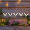 A realistic dragonfly clip with green wings is hanging in front of a wooden wall and pink flowers.