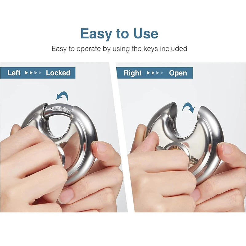 Stainless steel disc padlock showing both locked and open states with keys.