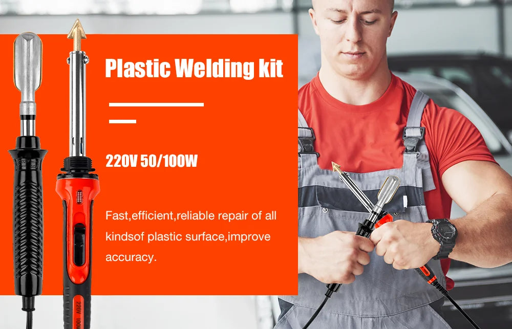 A man uses a plastic welding kit soldering iron to repair a car part.