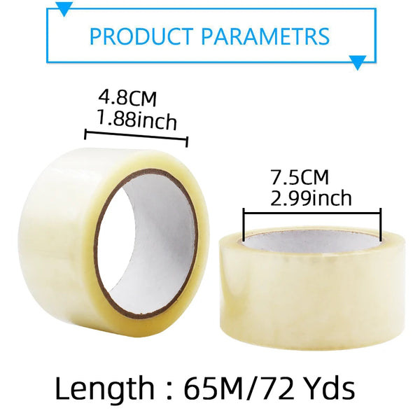 Roll of clear packing tape with dimensions 4.8cm (1.88inch) and a length of 65M/72 Yds