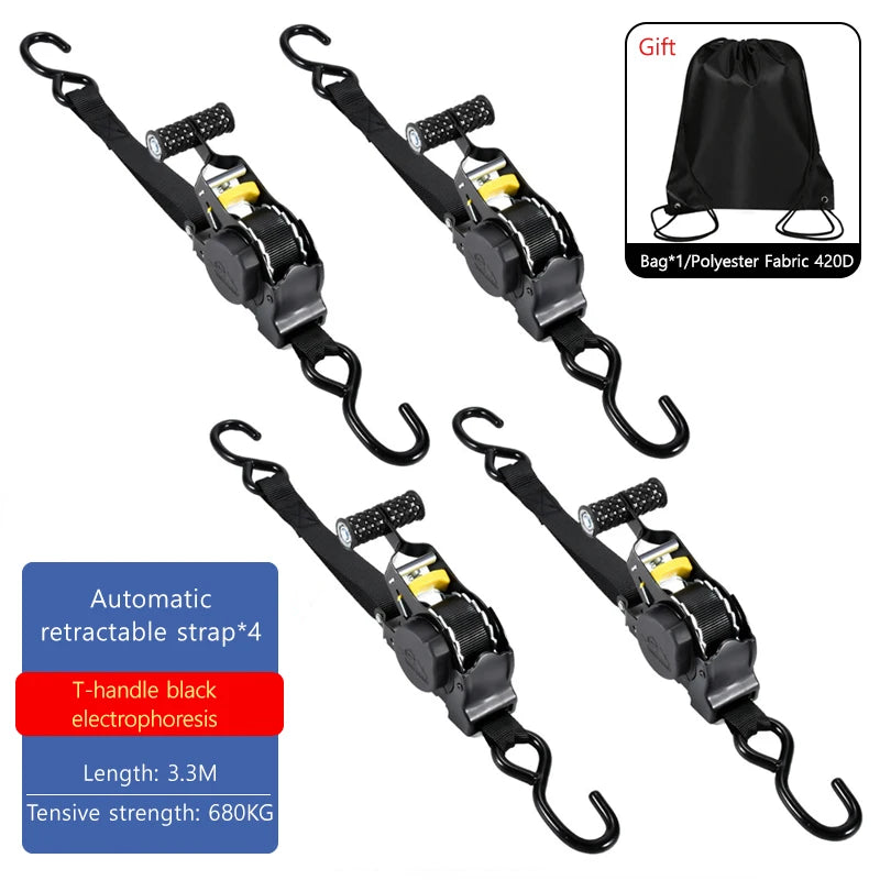 Four black automatic retractable T-handle electroforesis straps with 3.3m length and 680KG tensile strength