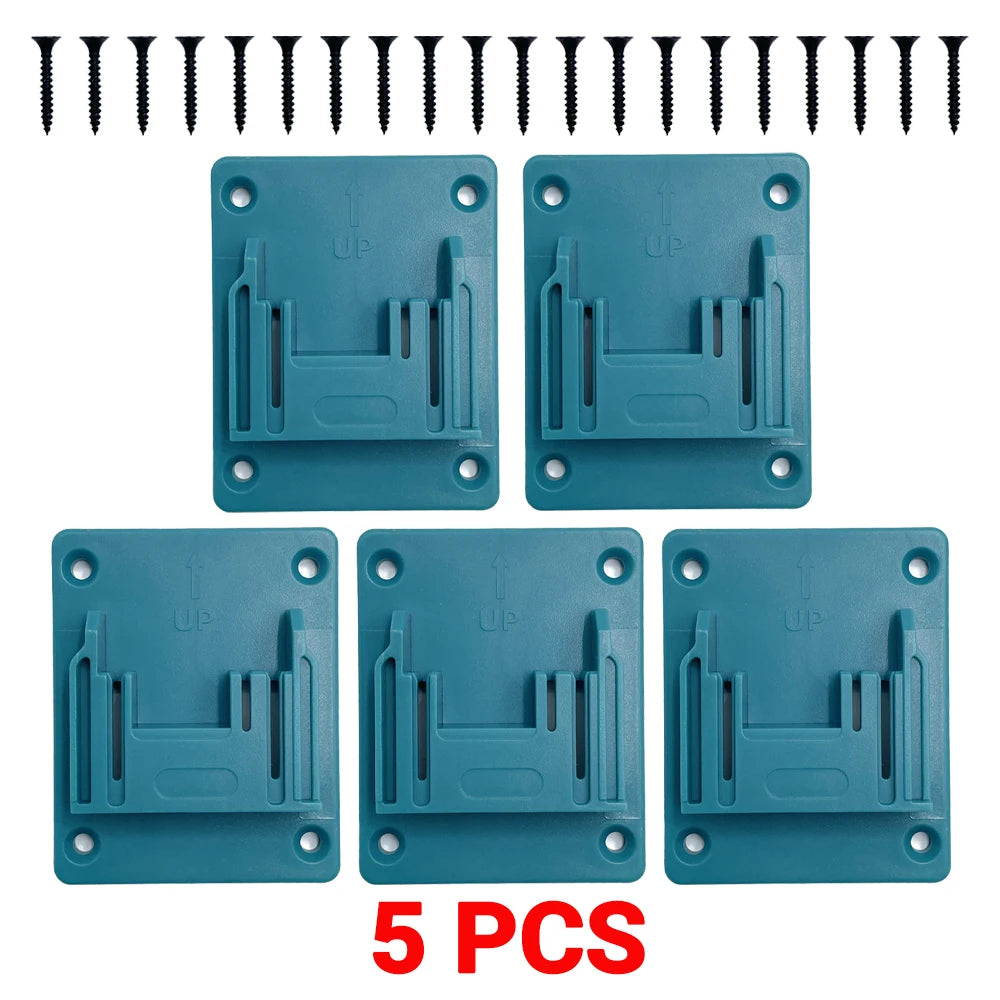 Five teal multi-angle battery holders with mounting tabs and screws.