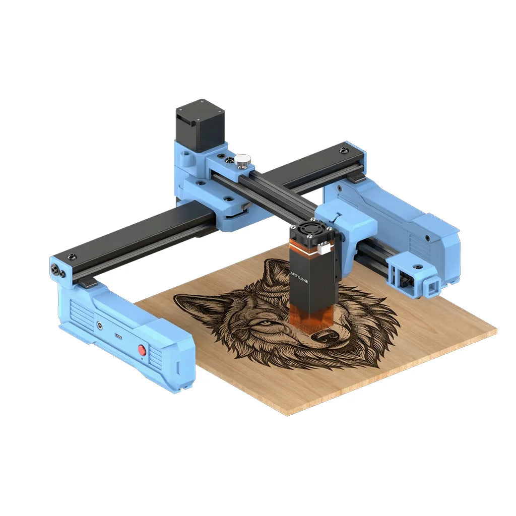 A blue mini portable laser engraver machine mounted on a wooden surface.