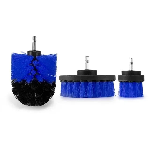 Un jeu de trois brosses à perceuse bleues et noires pour un nettoyage en profondeur