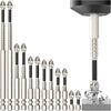A collection of 12 high-impact magnetic screwdriver bits in silver and black housed in a cylindrical holder.