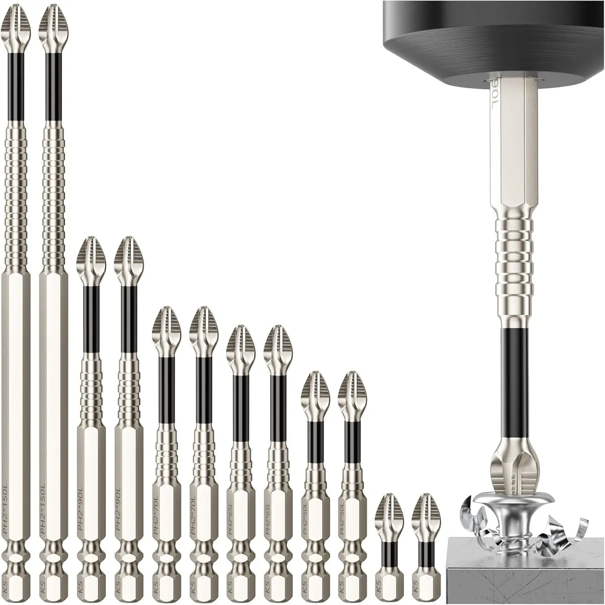 A collection of 12 high-impact magnetic screwdriver bits in silver and black housed in a cylindrical holder.
