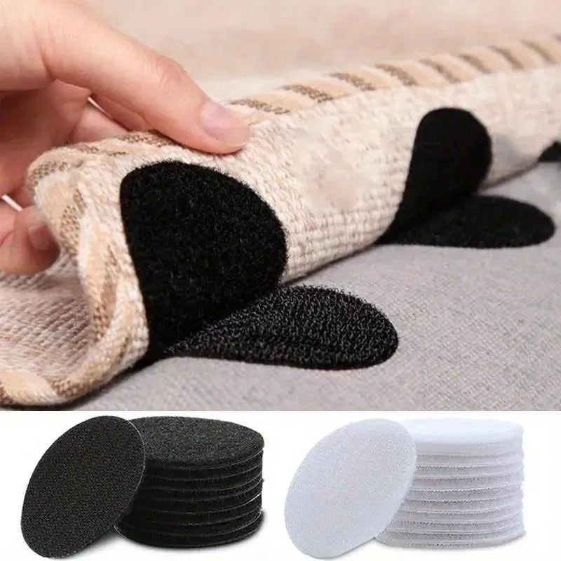 Double-sided hook and loop carpet fixing tape in beige and black showing various applications.