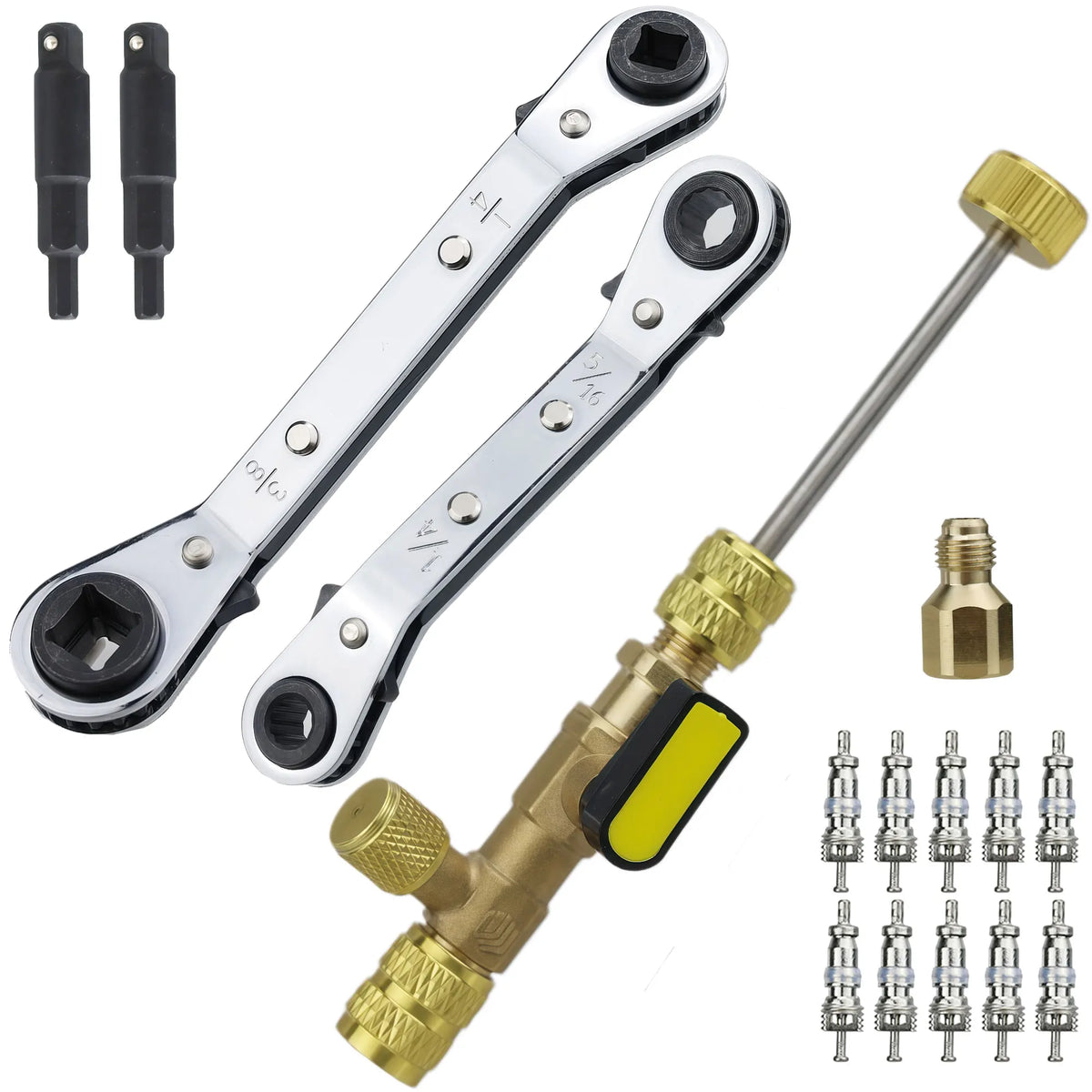 Kit d'outils pour retirer un cœur de vanne, montrant divers outils y compris un outil métallique long et un cœur de vanne en 