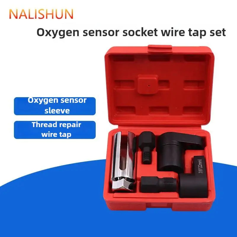 Red tool kit box containing an oxygen sensor sleeve and thread repair wire tap set for professional removal and installation.