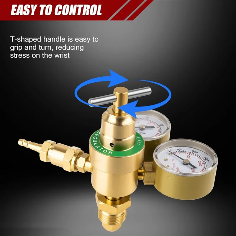 A brass welding gas regulator set featuring a T-shaped handle and gauges for controlling argon and CO2 gases.