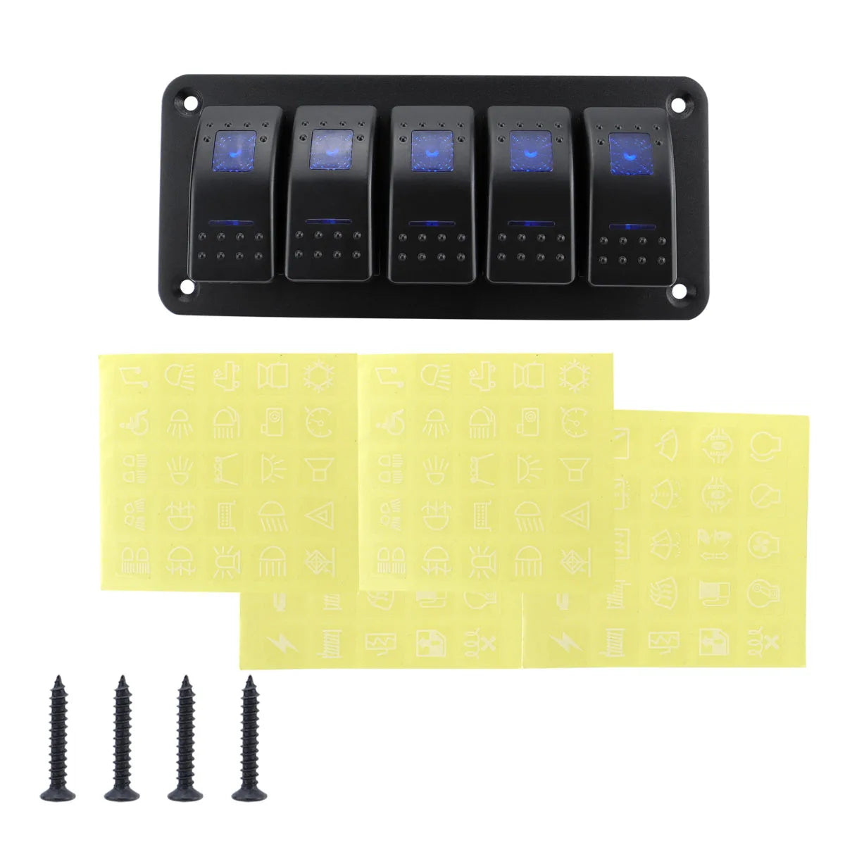 Black multi-group rocker switch panel with ten individual switches and several brass screws.