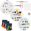 A collection of beginner embroidery stitches and tools including threads, needles, and various embroidery kits.
