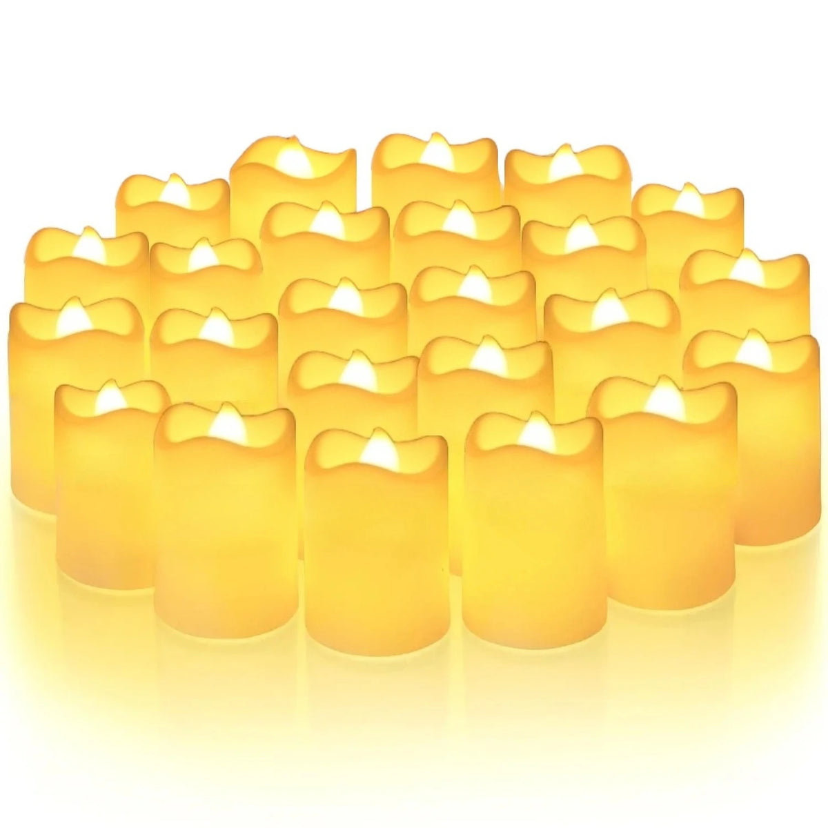 Eine Ansammlung leuchtend gelber Flammloses LED-Kerzen in einer Gruppe.