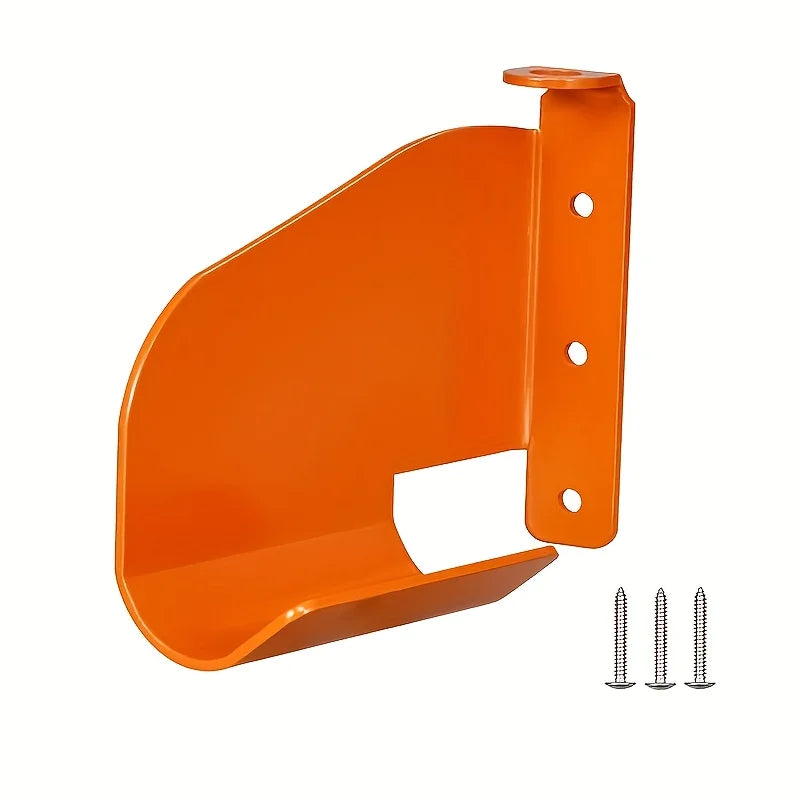 Orange metal chainsaw hook wall storage rack with three mounting pins