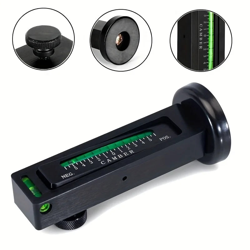 Herramienta ajustable para alineación de ruedas negra con escala para ajuste de camber.