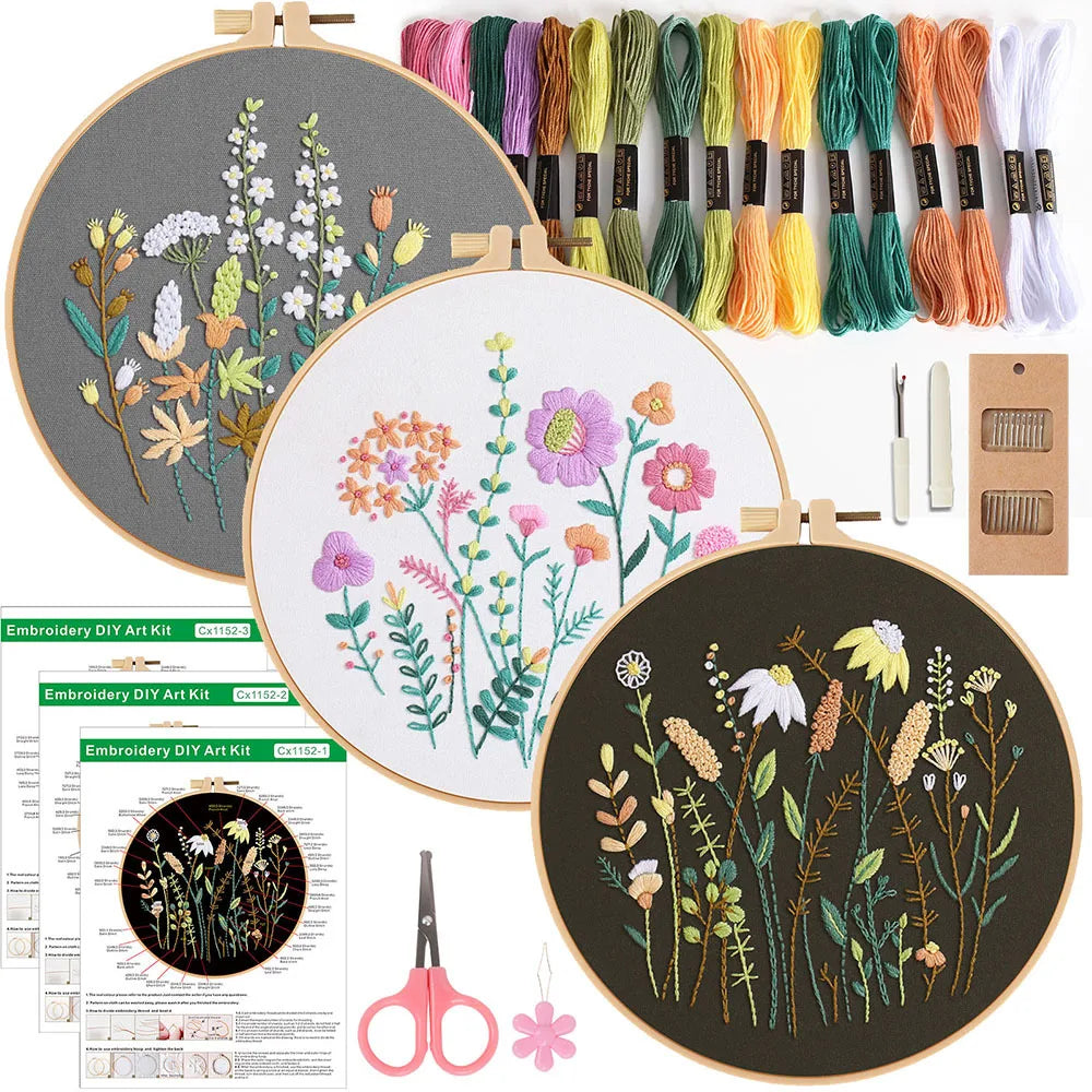 A collection of embroidery and cross stitch practice kits featuring various colored threads, needles, and fabric designs.
