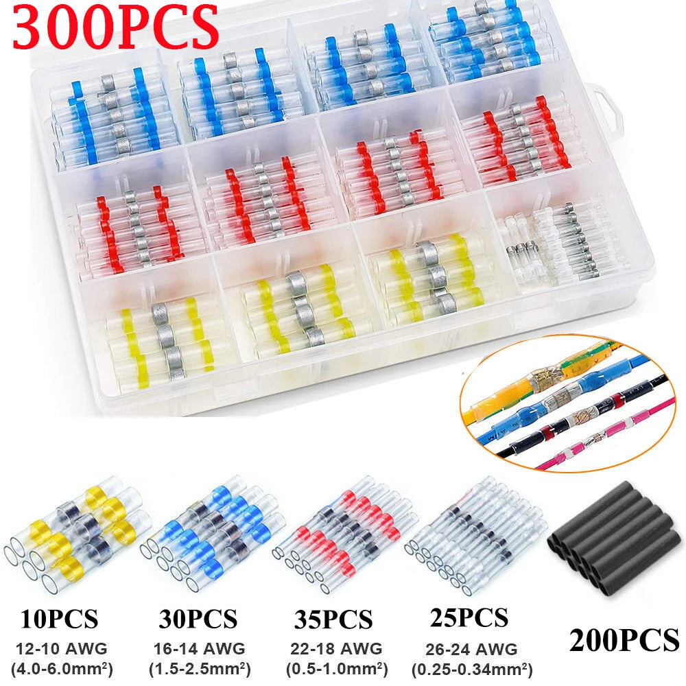 A plastic kit containing various colored heat shrink butt crimp terminals and solder wires for electrical connections.
