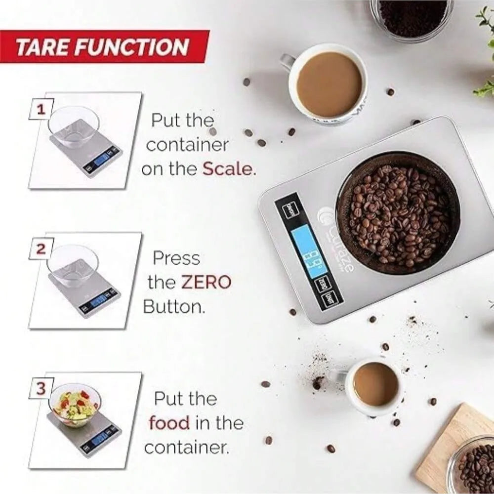 Instructions for using a precision digital kitchen scale to measure food in a container.
