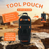 An orange and black tool pouch is shown on a rock, featuring four pockets and loops.