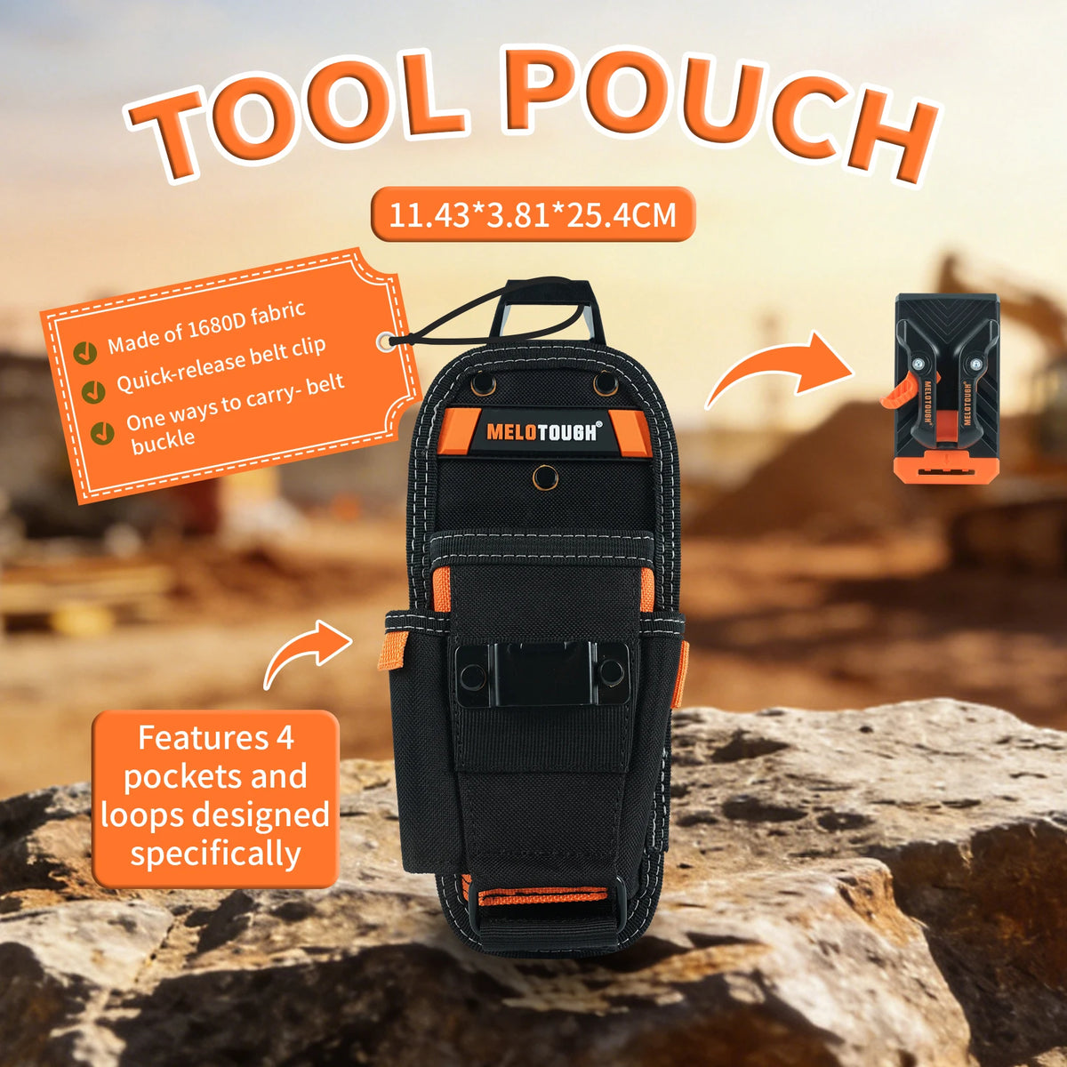 An orange and black tool pouch is shown on a rock, featuring four pockets and loops.