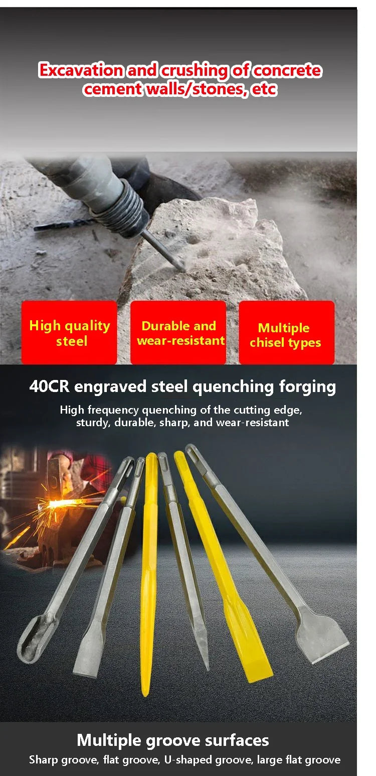 Set of 40CR engraved steel quenching forging tools for excavation and crushing concrete and cement walls
