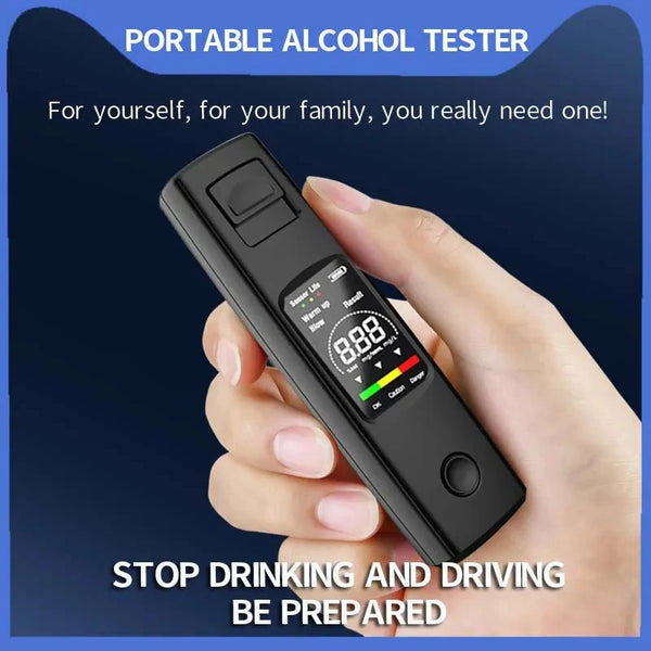 A hand holds a black portable digital breath alcohol tester device.