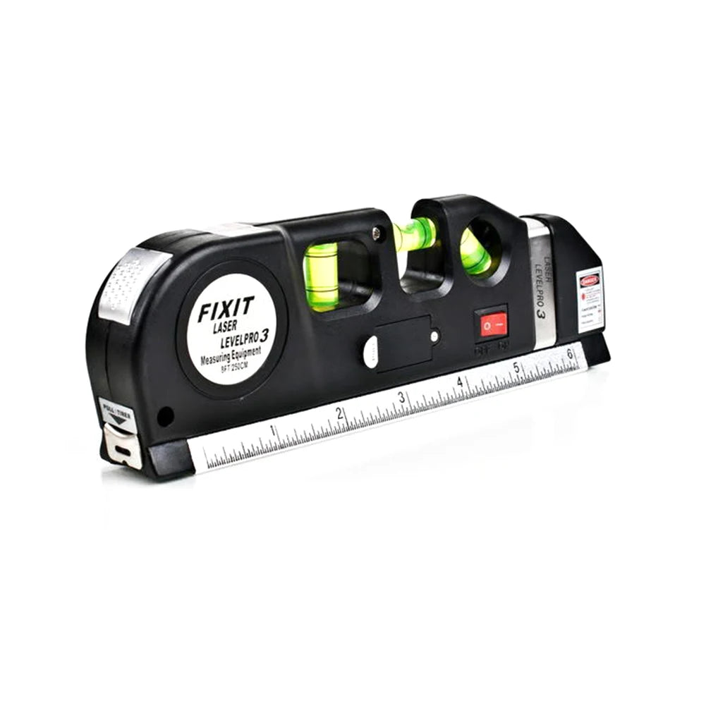 Black Fixit Level Pro 3 laser level and measuring equipment with a scale.
