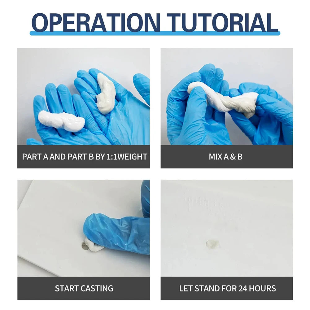 Operation tutorial showing steps for steel reinforced epoxy putty crack repair including mixing and casting
