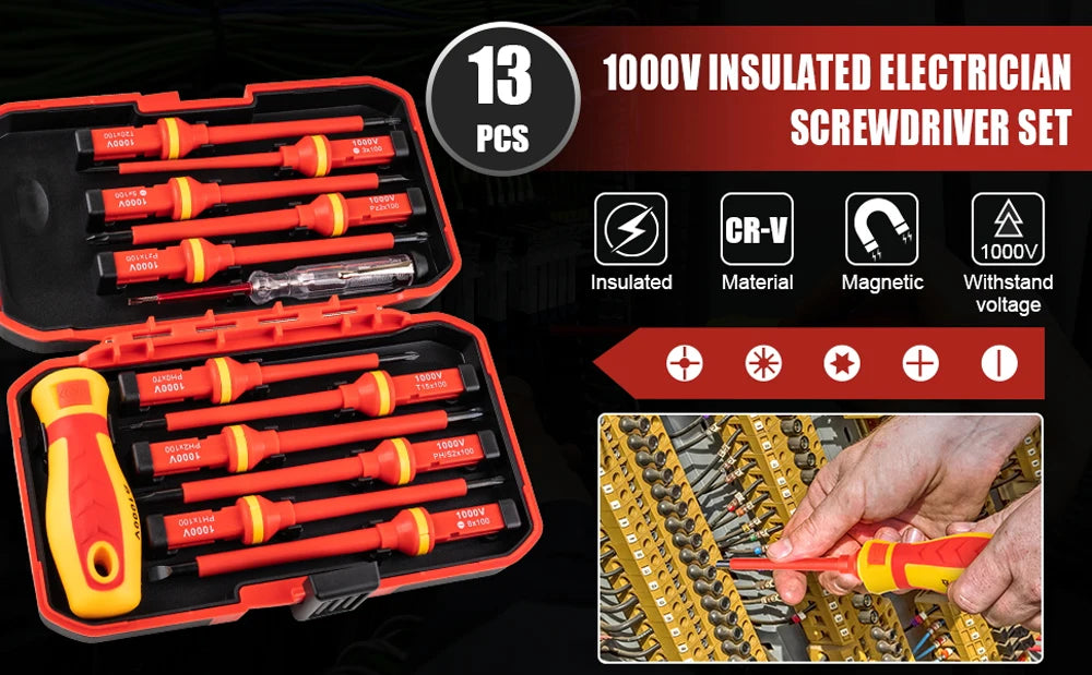 An open red toolbox shows a set of 13 insulated magnetic screwdriver bits and a yellow screwdriver.