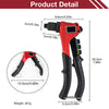 A red professional manual rivet gun kit showing its dimensions and weight.