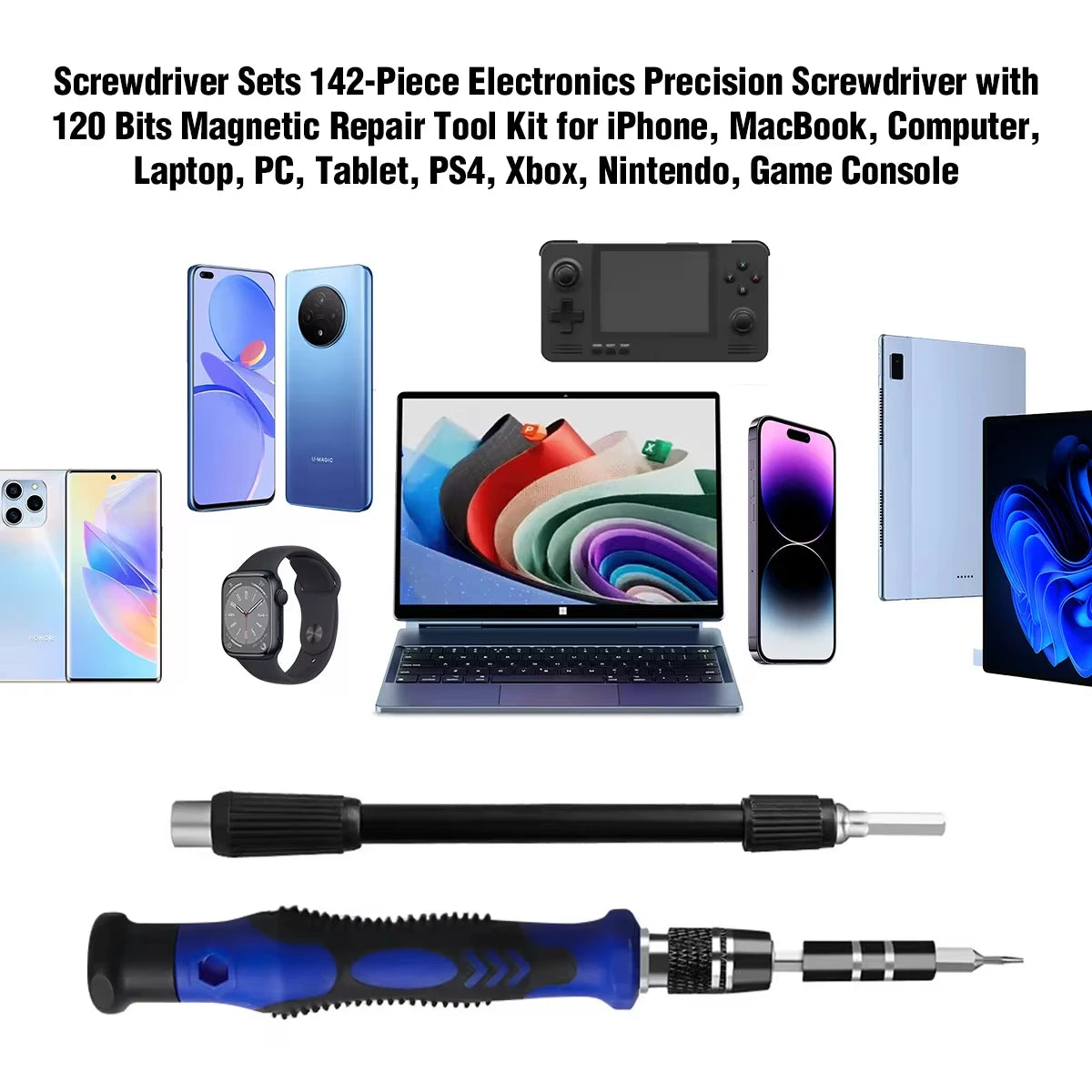 A collection of precision screwdriver sets and tools for repairing electronics like phones, laptops, and game consoles.