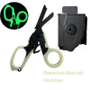 Tactical folding rescue scissors in black and fluorescent green with a black case.