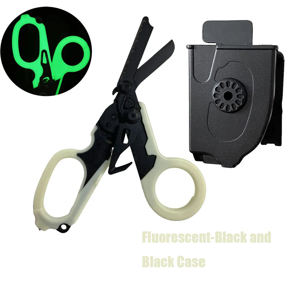 Tactical folding rescue scissors in black and fluorescent green with a black case.