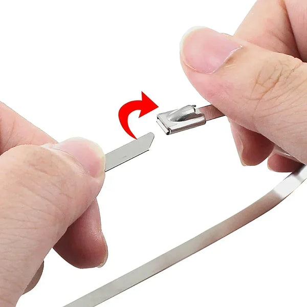 A hand is using pliers to tighten a heavy duty stainless steel cable tie.
