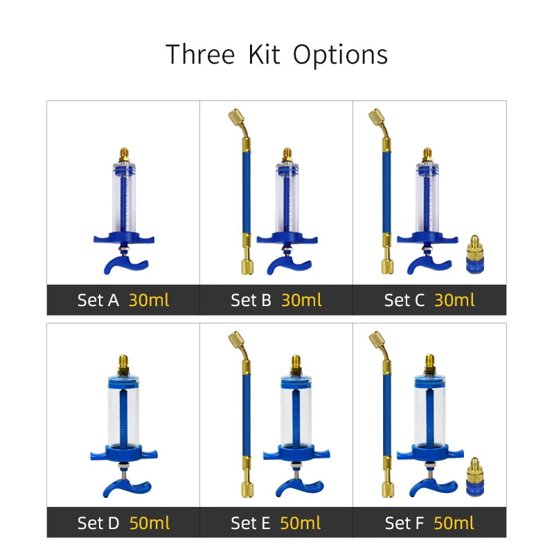Three kit options showing various sizes of precision oil and dye injector kits labeled Set A through Set F
