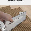 A hand is adjusting an adjustable mortar trowel for adhesive application on a textured surface.