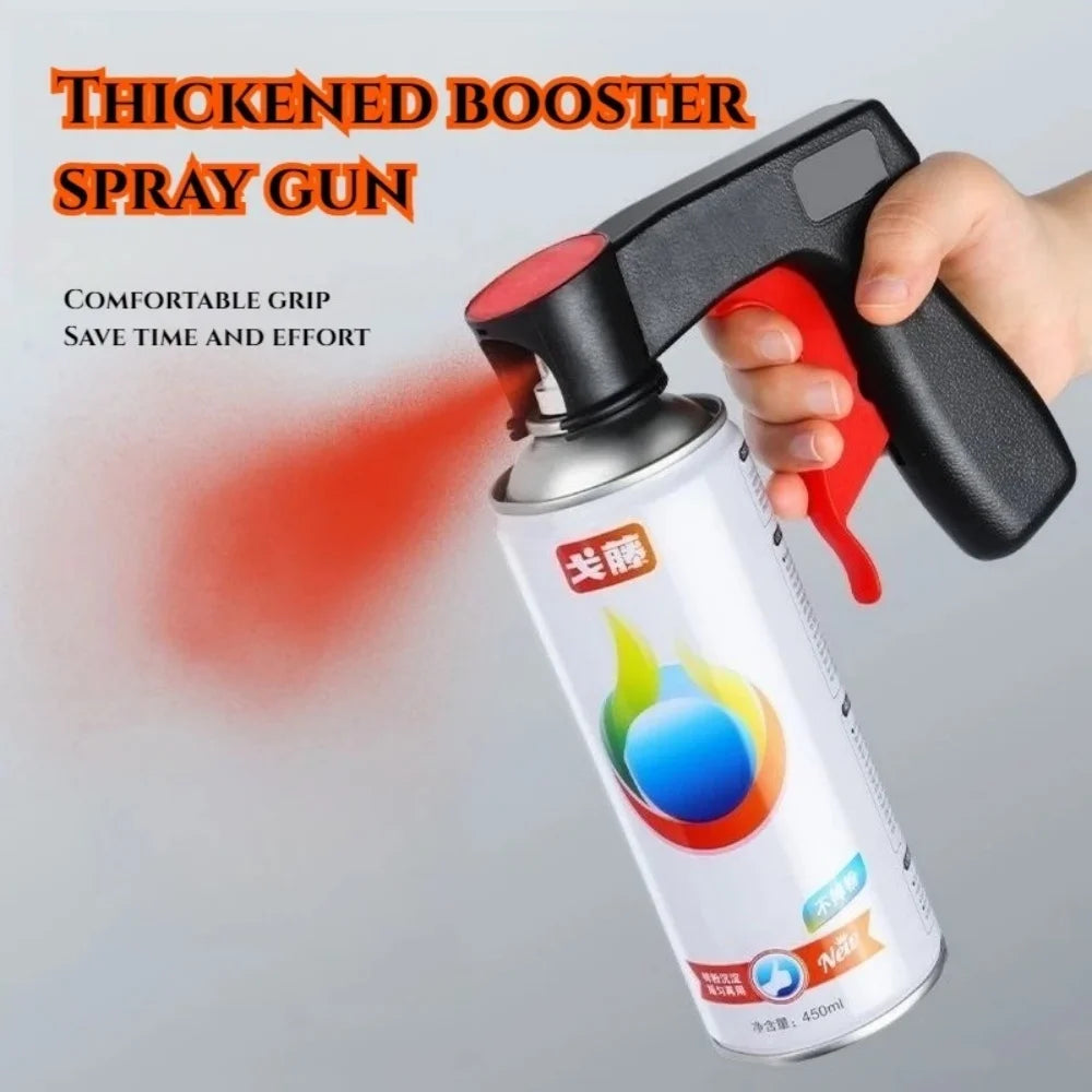 Una mano usa una pistola de pulverización con booster para aplicar pintura, mostrando el mango y el rocío resultante.