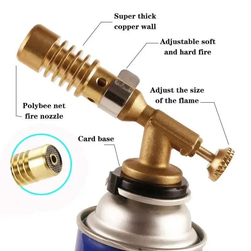 A professional gas torch assembly showing a super thick copper wall, adjustable flame control, and card base.
