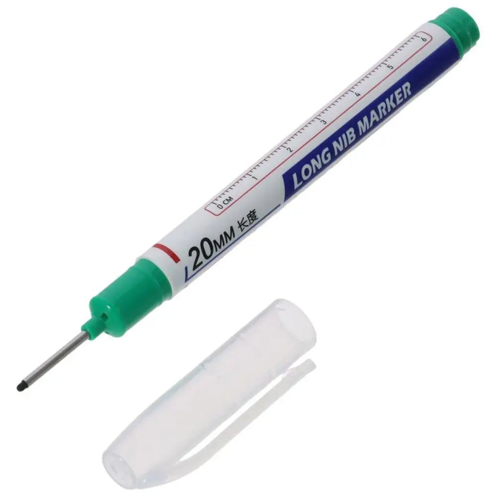 A long, blue and white marker pen with a scale, along with a clear plastic cap.