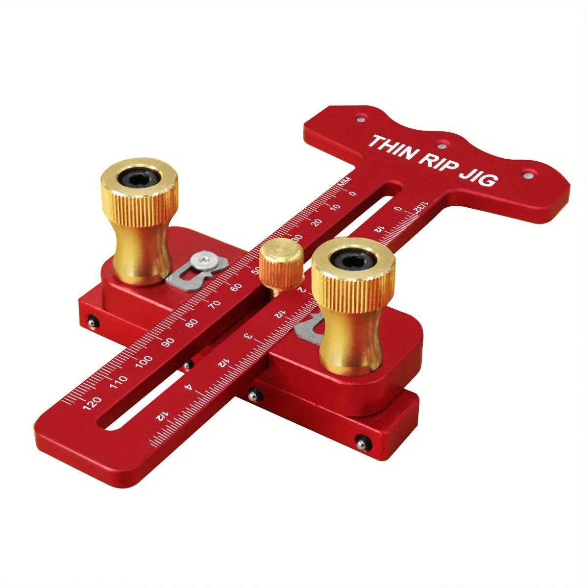 A red precision thin rip jig for a table saw, featuring a guide bar and measuring scale.