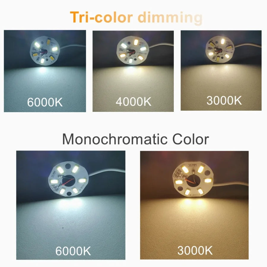 Ejemplos de iluminación mostrando atenuación tricromática y opciones de color monocromático a 6000K, 4000K y 3000K.