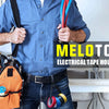 A person holds an orange electrical tape holder strap on a tool belt while standing in a kitchen setting.
