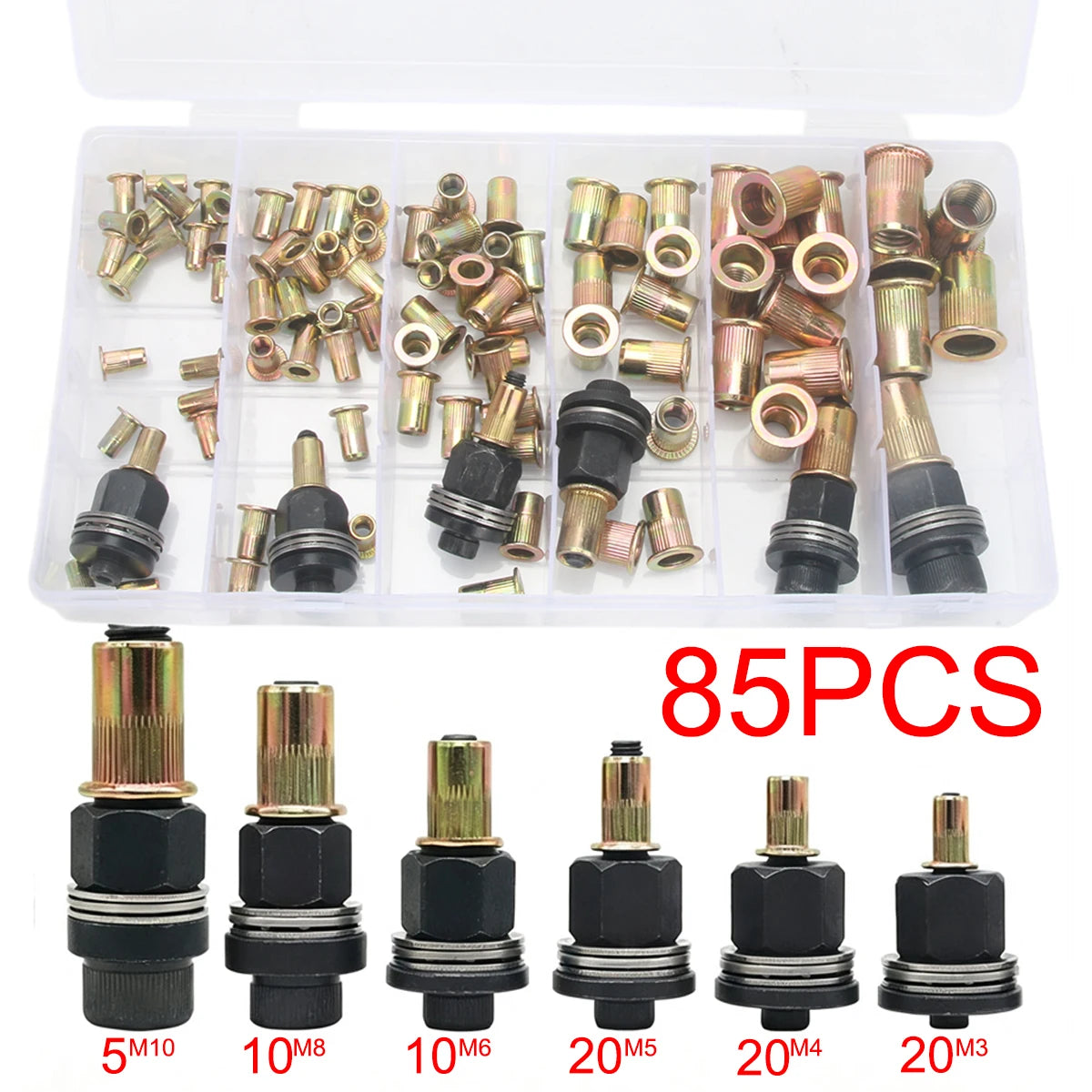 A plastic box containing various precision rivets and gun components labeled by size such as 5M10, 10M8, 10M6, 20M5, 20M4, an