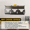 A black metal tool storage rack designed to hold 16 inch studs and accessories for an angle grinder.