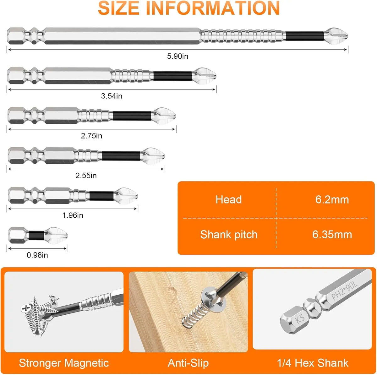 A set of magnetic screwdriver bits and a hex shank shown with size information and features.