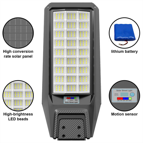 A black solar street light with a motion sensor, LED beads, and lithium battery shown with feature callouts.