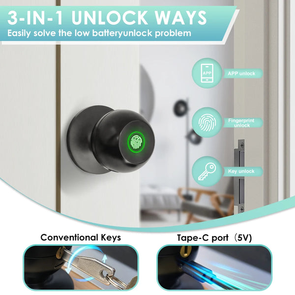 Cerradura electrónica negra con tres métodos de desbloqueo junto a llaves convencionales y un puerto USB.