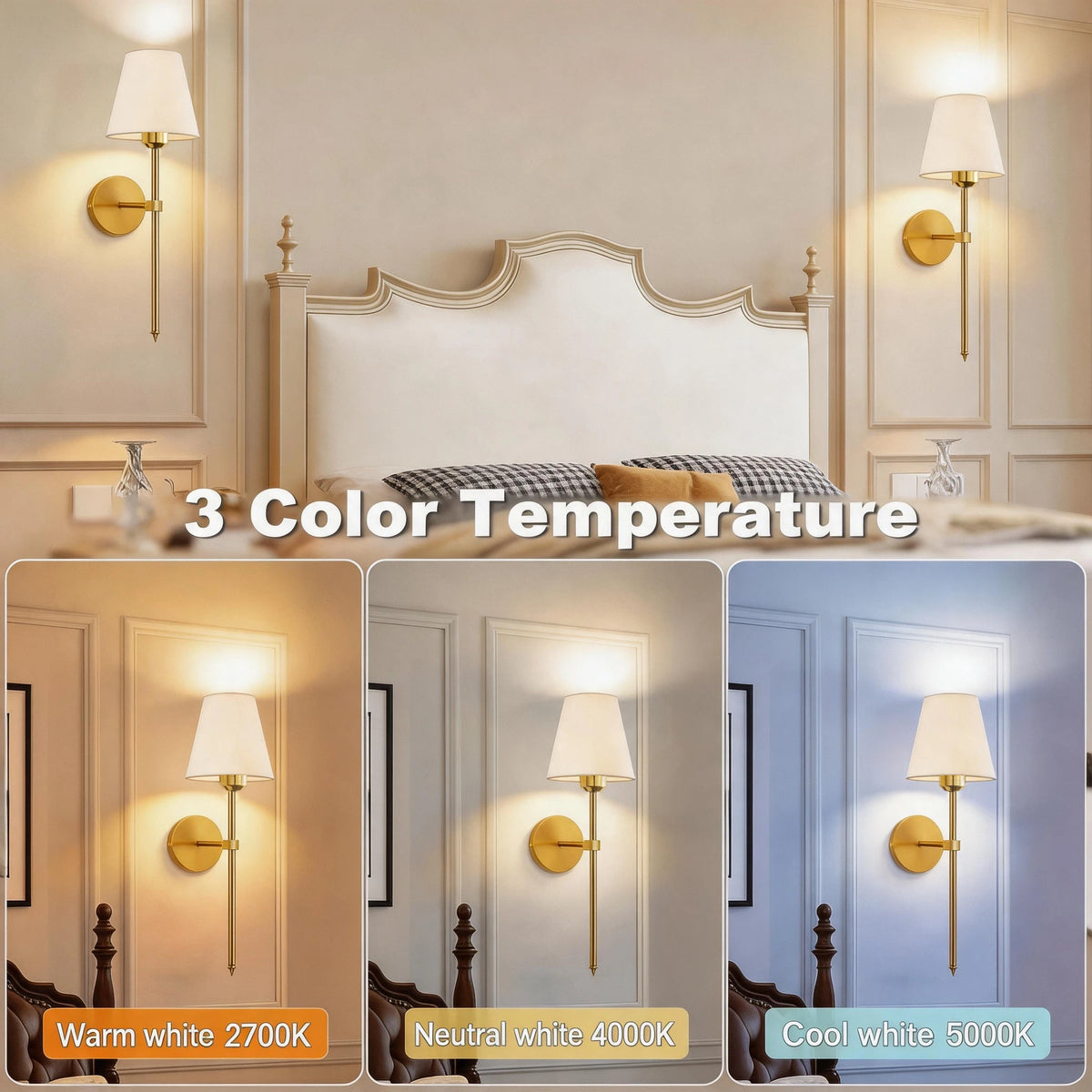 Three color temperature options for a wall sconce featuring warm, neutral, and cool white light.